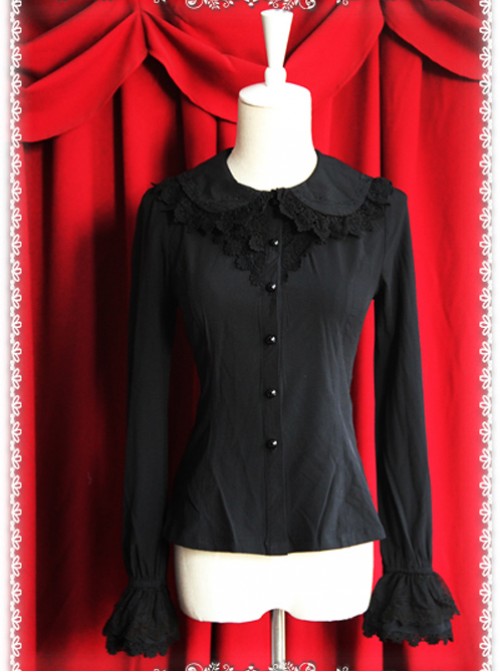 Thickened Chiffon Black Lace Long Sleeve Lolita Shirt  |  Plus Size Lolita Blouses