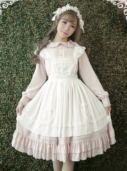 White Apron Dress Lotus Leaf Edge Pastoral Style Lolita Long Sleeve Dress  |  Classic Lolita Dresses