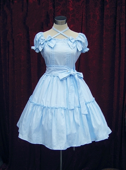 Blue Short Sleeves Bow Cotton Sweet Lolita Dress  |  Classic Lolita Dresses