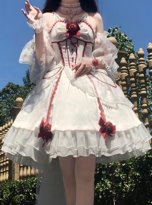 Elegant And Delicate Red Jacquard Lace Pure White Slim Court Style JSK Detachable Flared Sleeves Classic Lolita Dress Set  |  Classic Lolita Dresses