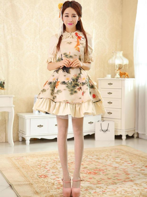 Koi And Lotus Flower Chinese Style Lolita Short Sleeve Dress  |  Classic Lolita Dresses