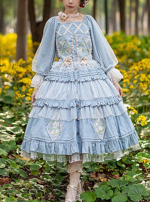 Melaleuca Lily Series Elegant Square Neck Lily Embroidery Polka Dot Lace Long-Sleeved Blouses Classic Lolita Skirt Set  |  Classic Lolita Dresses