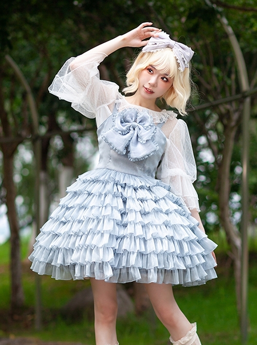 Multi-Layer Cake Skirt Series Gray Blue Simple Bowknot Decoration Daily Classic Lolita Sleeveless Dress  |  Classic Lolita Dresses