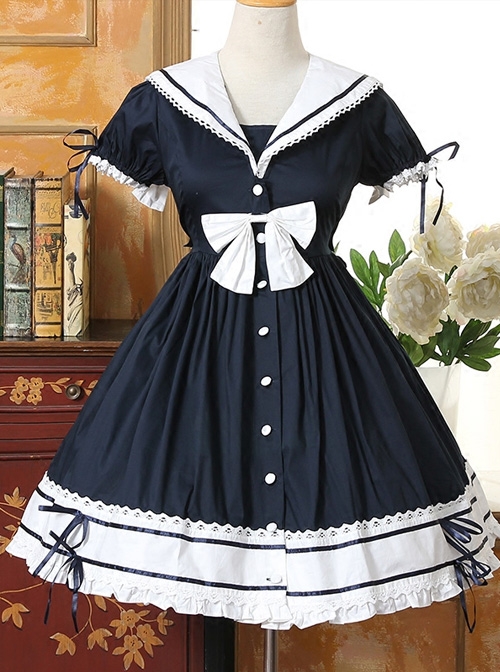 Navy Collar Cotton Short Sleeve Classic Lolita Dress  |  Classic Lolita Dresses