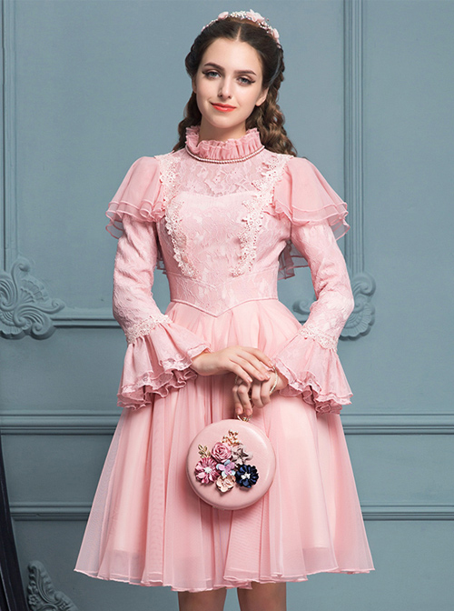 Palace Style Retro Pink Lace Classic Lolita Long Sleeve Dress  |  Classic Lolita Dresses