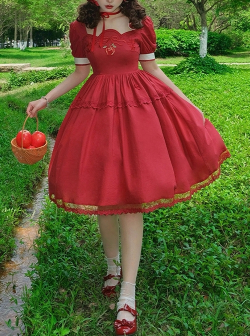 Pastoral Scenery Red Apple Bowknot Embroidered Classic Lolita Cotton Square Collar Lace Puff Sleeve Summer Dress  |  Classic Lolita Dresses