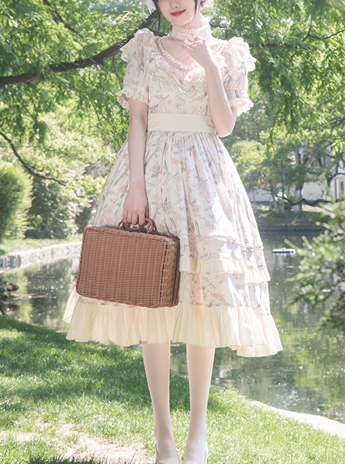 Summer Solstice Series Lace Translucent Design Daisy Cherry Floral Print Ruffle Hem Summer Classic Lolita Short Sleeve Dress  |  Classic Lolita Dresses