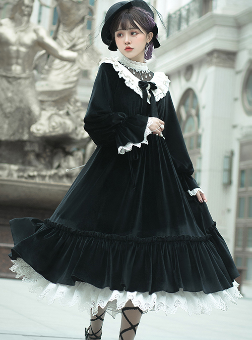 Tenderness Champs Elysees Series OP Elegant Velvet Classic Lolita Long Sleeve Dress  |  Classic Lolita Dresses