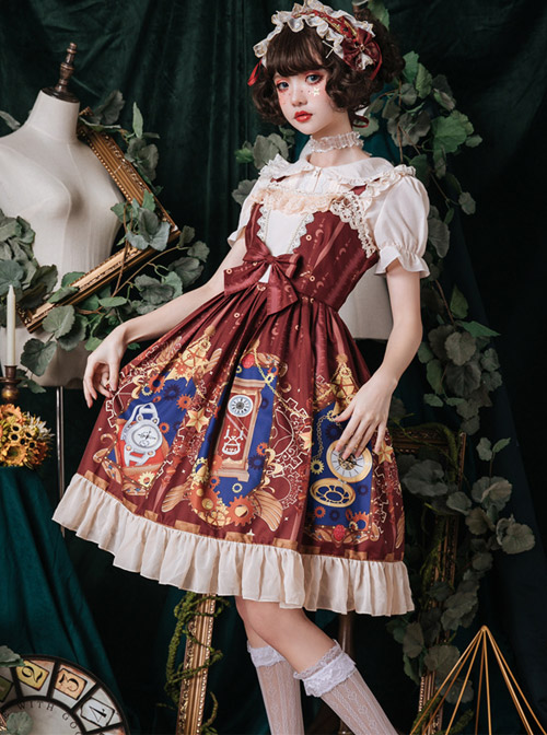 Time Machine Heart Series Printing JSK Retro Classic Lolita Sling Dress  |  Classic Lolita Dresses