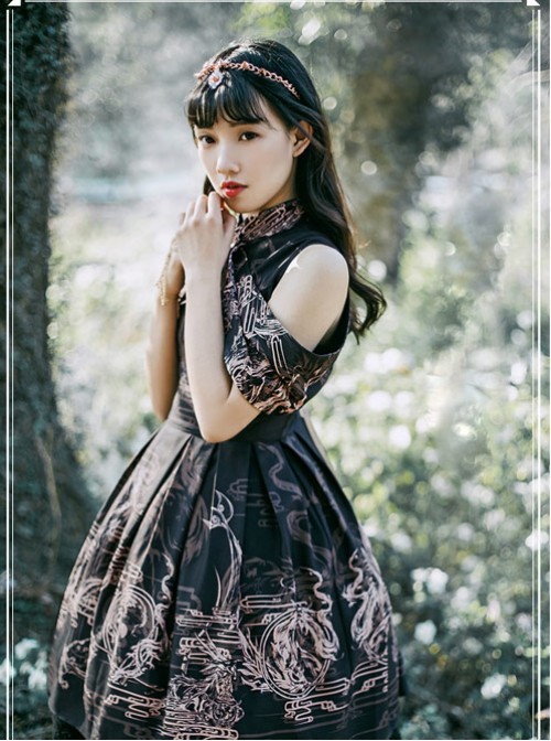 Black Kowloon Missing Shoulder Print Dress  |  Gothic Lolita Dresses