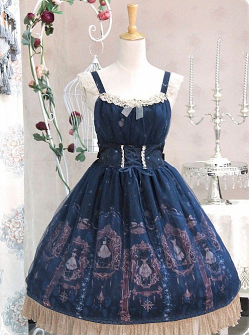 Blue Lace Trimmed Straps Waist Dress  |  Classic Lolita Dresses