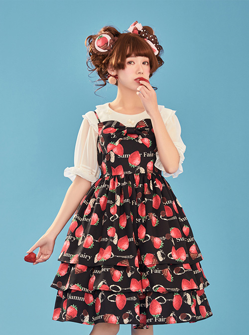 Choco Strawberry Printed Three-layer Hem Big Bowknot Classic Lolita Sling Dress  |  Classic Lolita Dresses