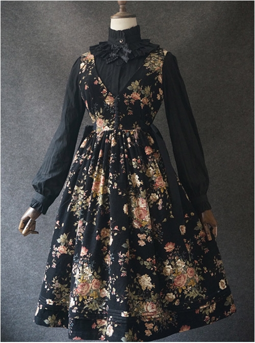 Elegant Black Flowers V Collar Lolita Vest Dress  |  Gothic Lolita Dresses