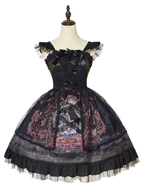 Grape Lace Vintage Grape Embellished Bow Detachable Belt Ruffle Hem Gothic Lolita Sleeveless Dress  |  Gothic Lolita Dresses