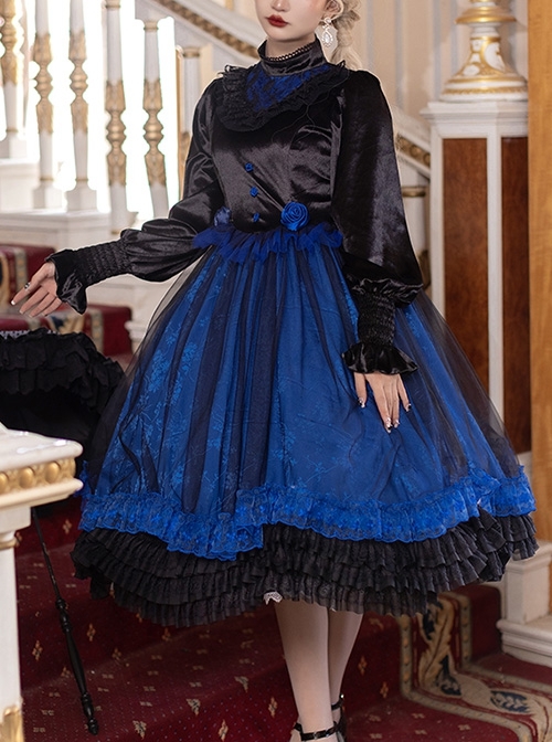 Lonely Laura Series Elegant Mysterious Jacquard Detachable Blue Rose Bowknot Lace Petal Hem Design Gothic Lolita Long Sleeve Dress  |  Gothic Lolita Dresses