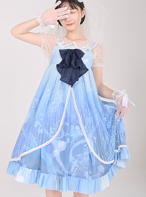 Ocean Series Whale And Jellyfish Printing Classic Lolita Blue Sling Dress  |  Classic Lolita Dresses