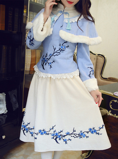 Plum Blossom Embroidery Classic Lolita Dress With Shawl  |  Classic Lolita Dresses