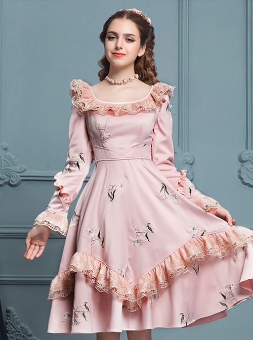 Retro Pink Ruffles Elegant Classic Lolita Long Sleeve Dress  |  Classic Lolita Dresses