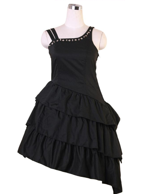 Black Asymmetric Hem Punk Gothic Lolita Sling Dress  |  Gothic Lolita Dresses