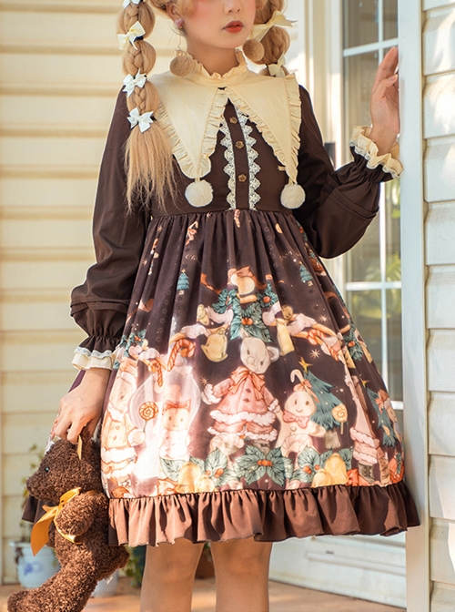 Christmas Bear Series OP Cute Printing Plush Ball Ruffle Pointed Collar Sweet Lolita Brown Long Sleeve Dress  |  Sweet Lolita Dresses