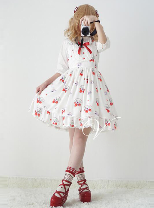 Fashion Strawberry Cat Printing Cute Sweet Lolita Sling Dress  |  Sweet Lolita Dresses