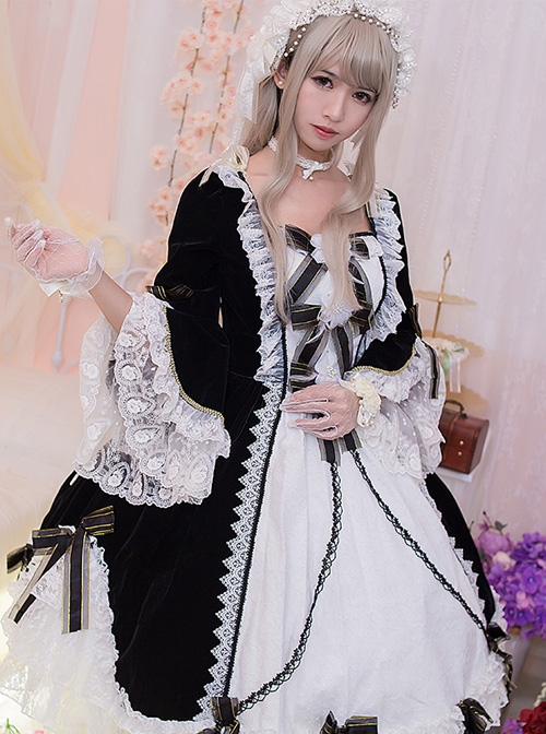 Flower Bowknots Black And White Stitching Sweet Lolita Trumpet Sleeve Dress  |  Sweet Lolita Dresses