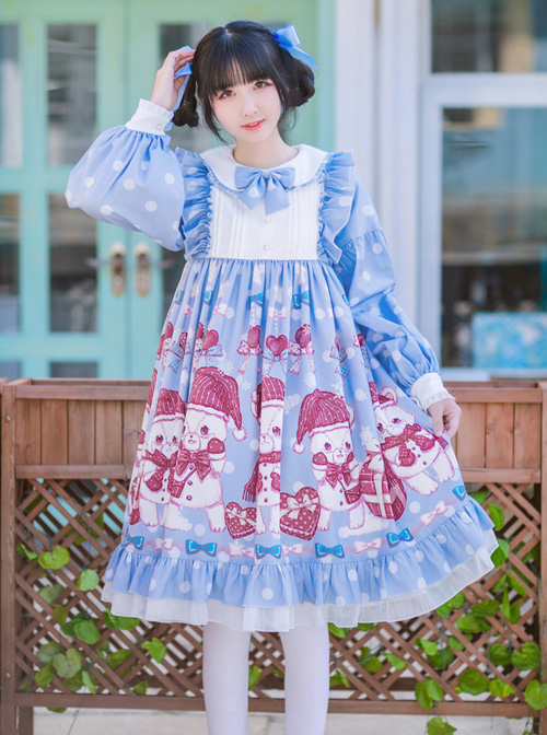 Love Heart Bear Series Sweet Lolita Blue Long Sleeve Dress  |  Sweet Lolita Dresses