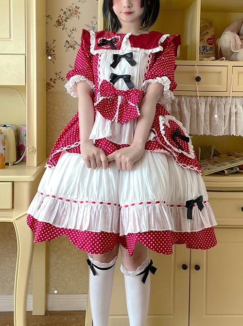 Runaway Sweetheart Series OP Doll Collar Wavy Hem Sweet Lolita Red Cute Short Sleeve Cake Dress  |  Sweet Lolita Dresses